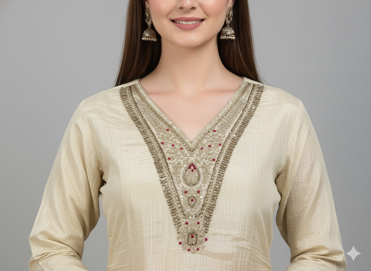 Elegant Beige Silk Kurta Set with Contrast Magenta Banarasi Dupatta