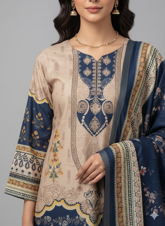 Elegant Beige & Navy Printed Straight-Cut Suit Set (With Inner Lining)