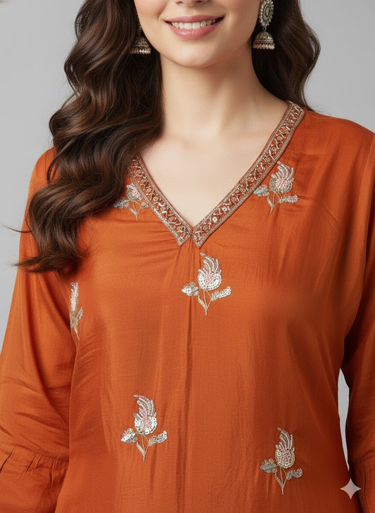 Rust Chinan A-Line Embroidered Suit Set with Dupatta