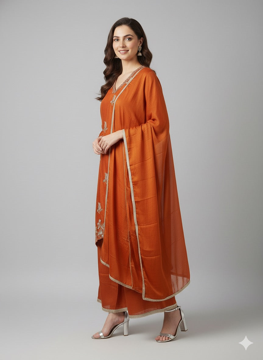 Rust Chinan A-Line Embroidered Suit Set with Dupatta