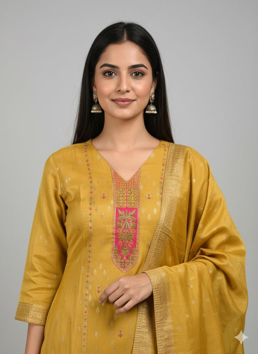 Mustard Shimmer Silk Embroidered Straight Suit Set