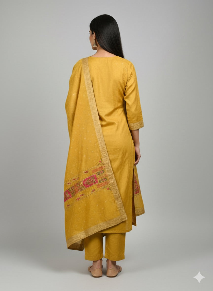 Mustard Shimmer Silk Embroidered Straight Suit Set