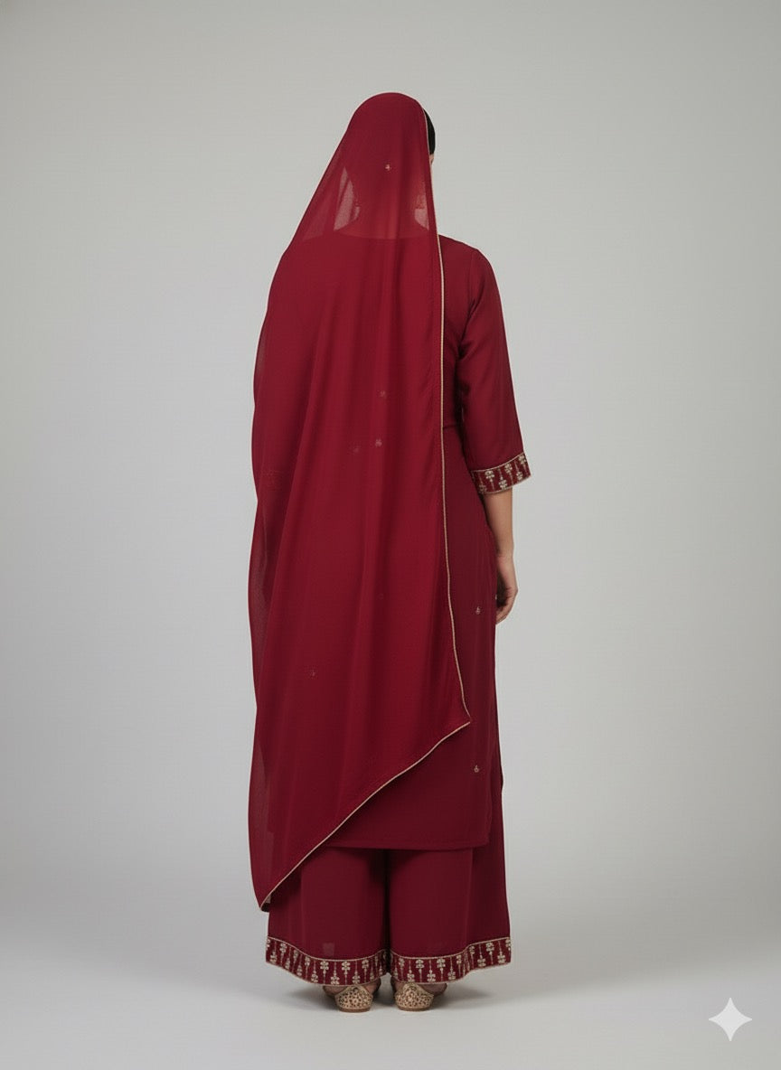 Maroon Zari Work Kurta Set with Plazo & Dupatta
