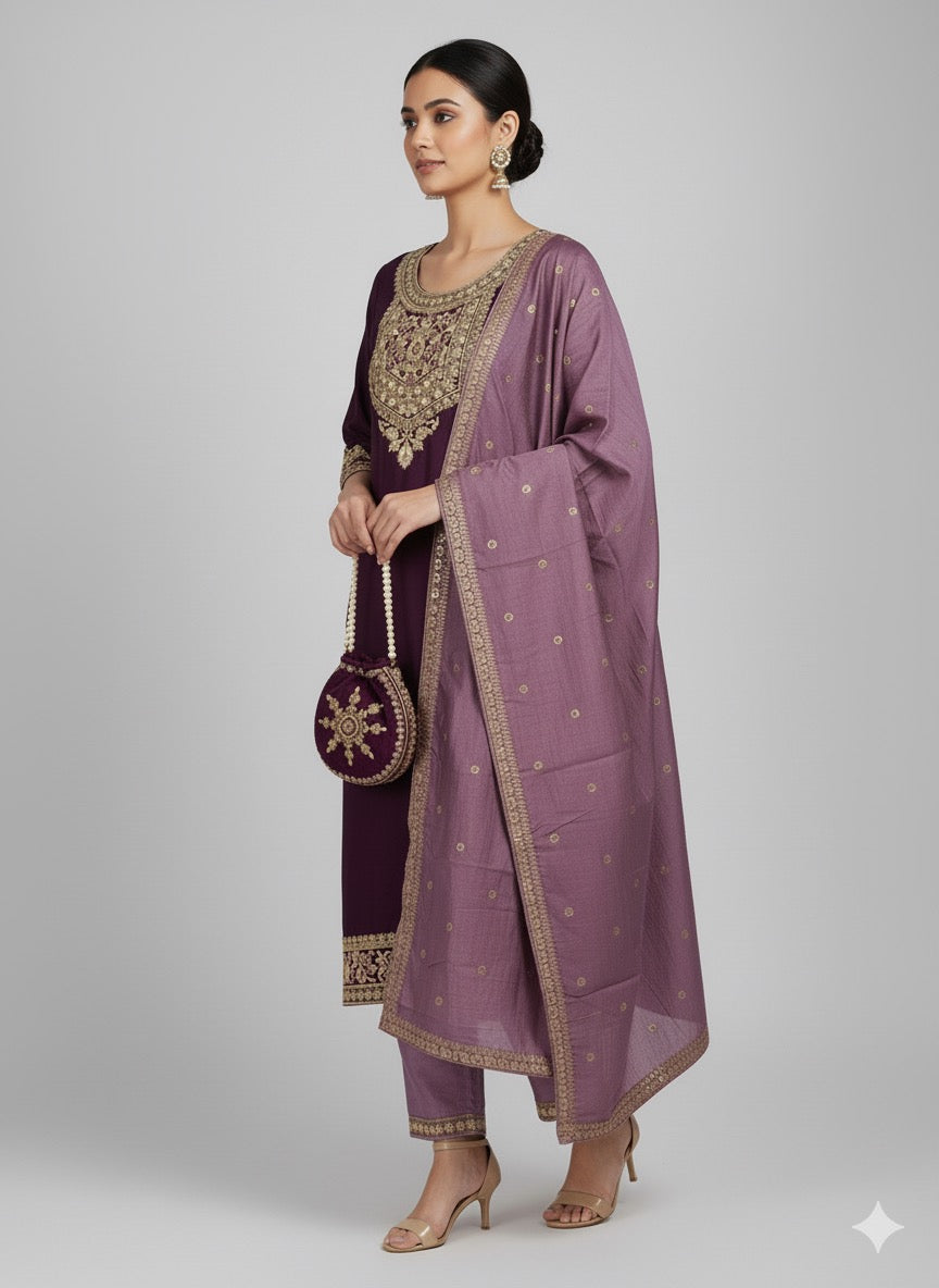 Plum Chitra Fabric Embroidered Kurta Set with Heavy Dupatta & Matching Potli