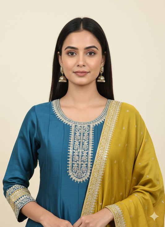 Vichitra Silk Embroidered Anarkali Suit with Mustard Dupatta