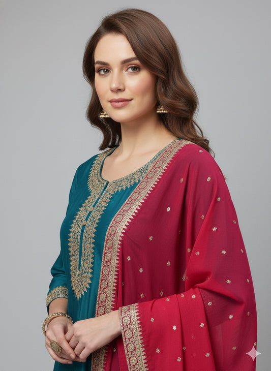 Embroidered Vichitra Silk Anarkali Suit with Contrast Dupatta & Zari Detailing