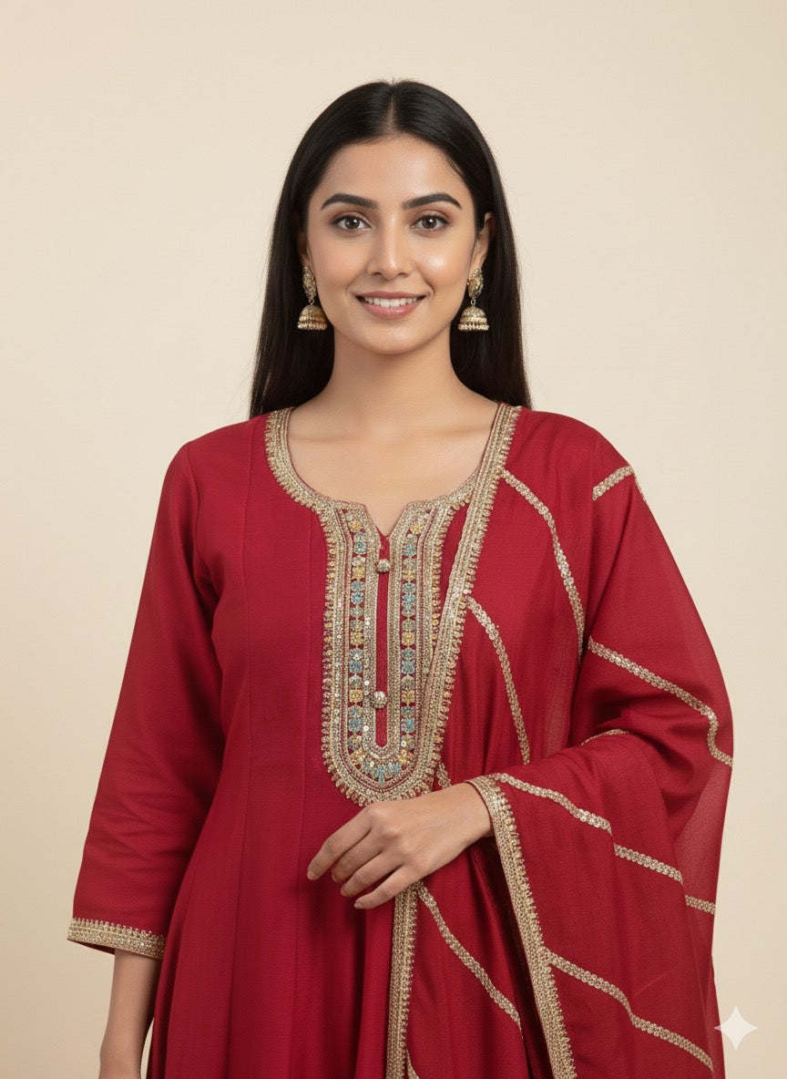 Embroidered Vichitra Silk Anarkali Suit with Heavy Dupatta & Golden Zari Work