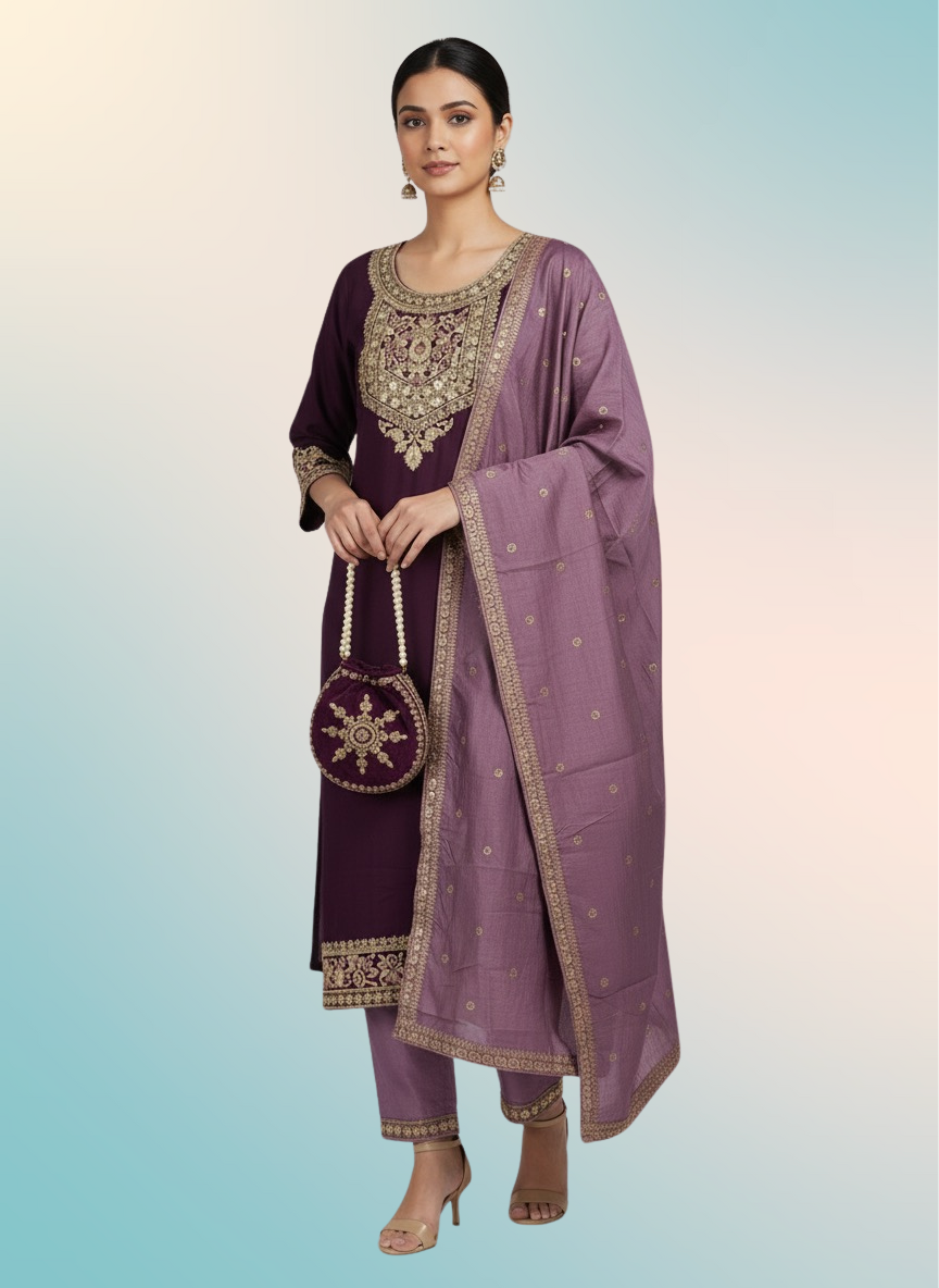 Plum Chitra Fabric Embroidered Kurta Set with Heavy Dupatta & Matching Potli