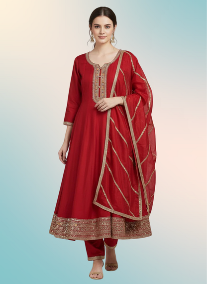 Embroidered Vichitra Silk Anarkali Suit with Heavy Dupatta & Golden Zari Work