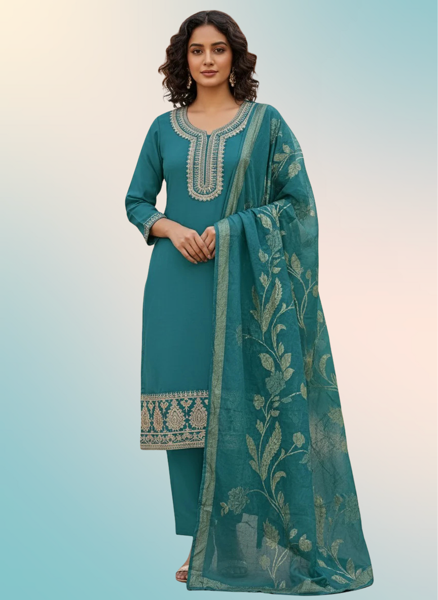 Elegant Teal Embroidered Cotton Kurta Set with Dupatta