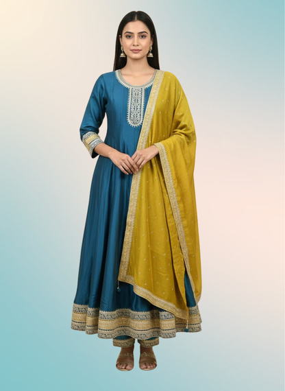 Vichitra Silk Embroidered Anarkali Suit with Mustard Dupatta