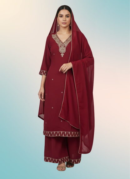 Maroon Zari Work Kurta Set with Plazo & Dupatta
