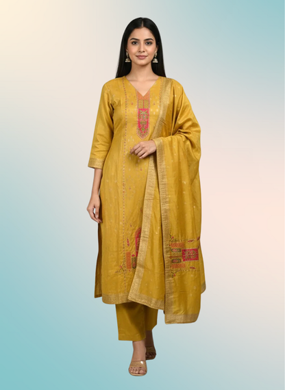 Mustard Shimmer Silk Embroidered Straight Suit Set