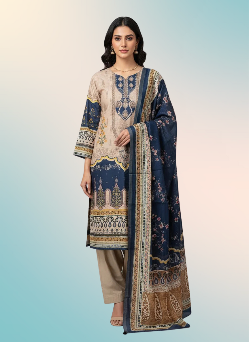Elegant Beige & Navy Printed Straight-Cut Suit Set (With Inner Lining)