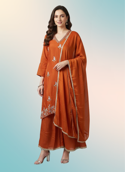 Rust Chinan A-Line Embroidered Suit Set with Dupatta