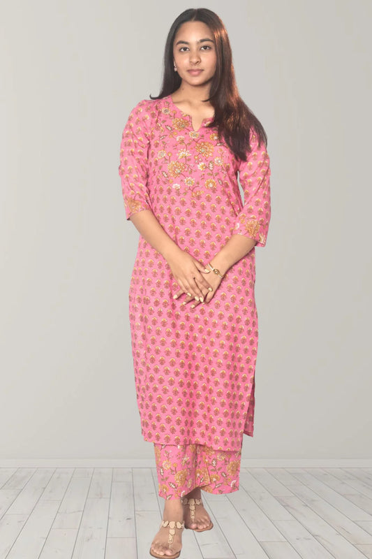 Roohaani Gulabi Floral Straight Cotton Kurta for Women