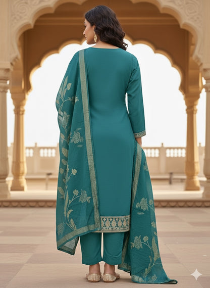 Elegant Teal Embroidered Cotton Kurta Set with Dupatta