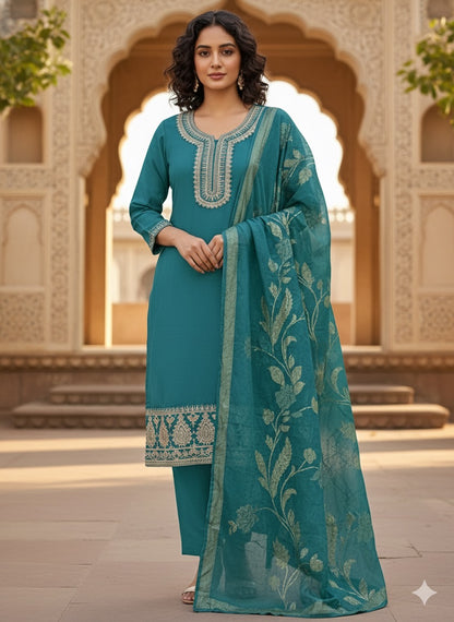 Elegant Teal Embroidered Cotton Kurta Set with Dupatta