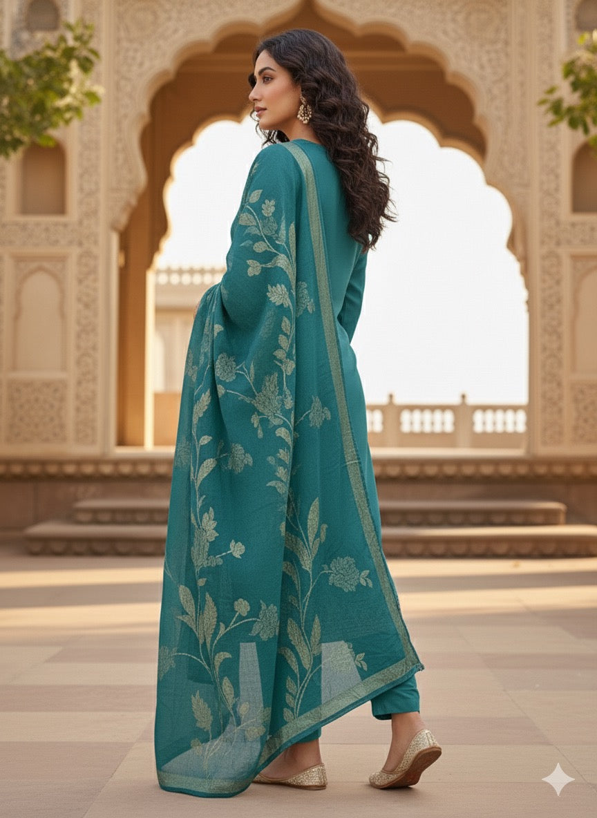 Elegant Teal Embroidered Cotton Kurta Set with Dupatta