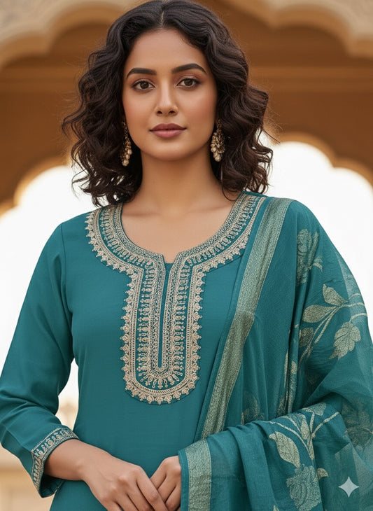 Elegant Teal Embroidered Cotton Kurta Set with Dupatta