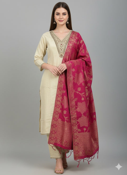 Elegant Beige Silk Kurta Set with Contrast Magenta Banarasi Dupatta