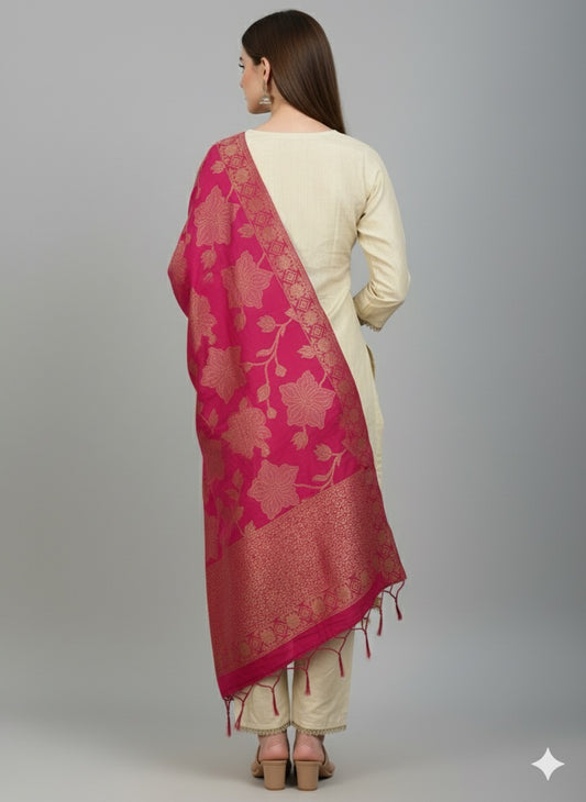 Elegant Beige Silk Kurta Set with Contrast Magenta Banarasi Dupatta