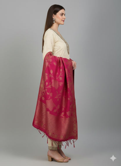 Elegant Beige Silk Kurta Set with Contrast Magenta Banarasi Dupatta