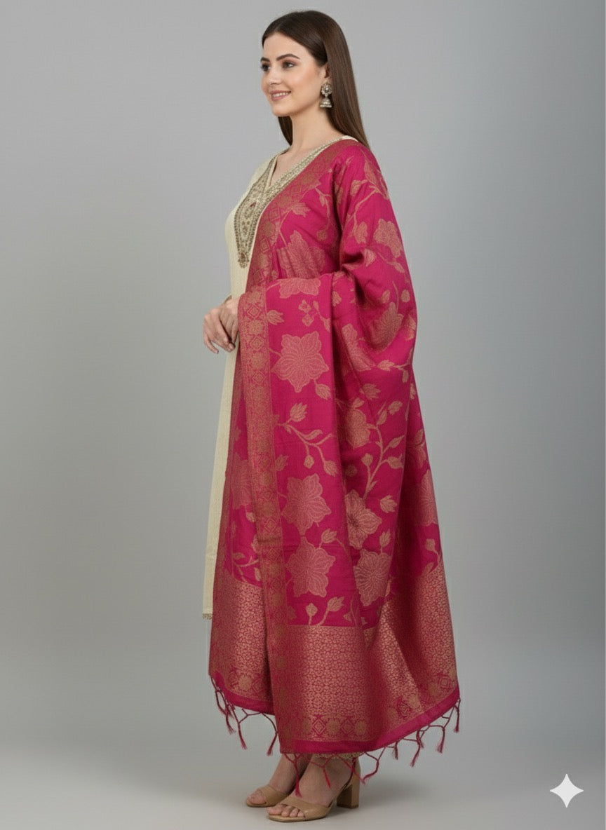 Elegant Beige Silk Kurta Set with Contrast Magenta Banarasi Dupatta