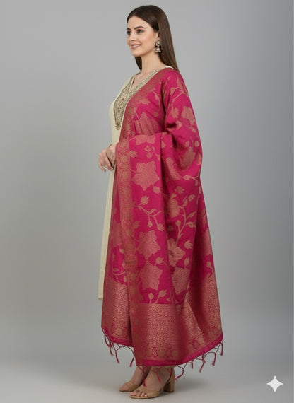 Elegant Beige Silk Kurta Set with Contrast Magenta Banarasi Dupatta