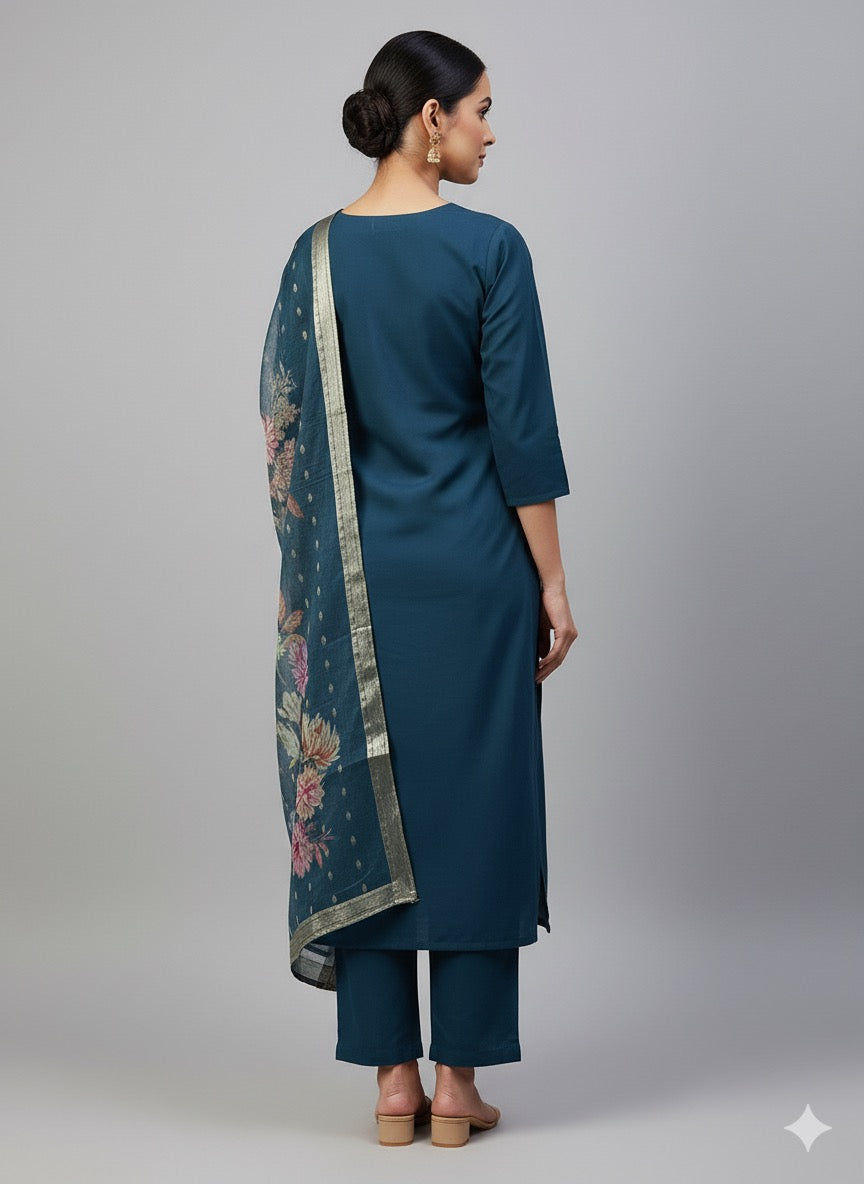 Hand-Embroidered Kurta Set with Floral Organza Dupatta