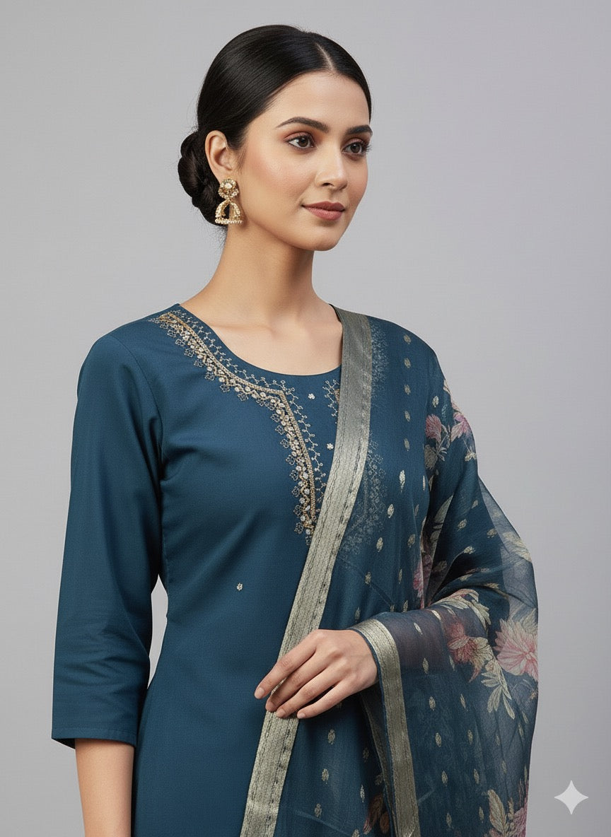 Hand-Embroidered Kurta Set with Floral Organza Dupatta