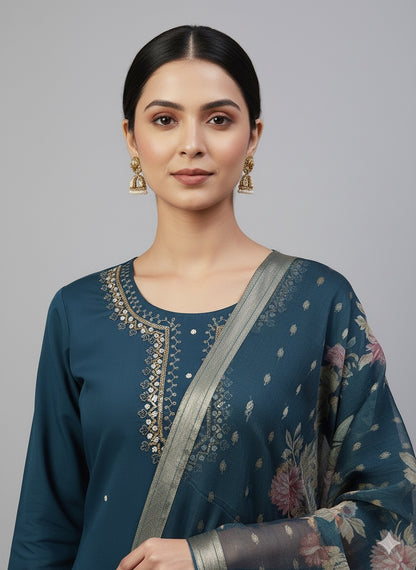 Hand-Embroidered Kurta Set with Floral Organza Dupatta