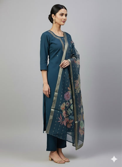 Hand-Embroidered Kurta Set with Floral Organza Dupatta