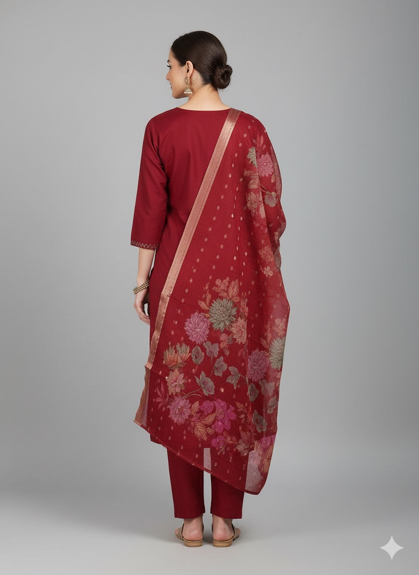 Hand-Embroidered Kurta Set with Floral Organza Dupatta