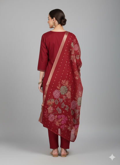 Hand-Embroidered Kurta Set with Floral Organza Dupatta