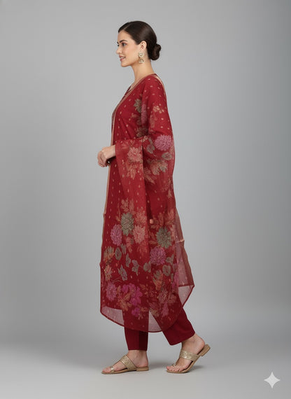 Hand-Embroidered Kurta Set with Floral Organza Dupatta