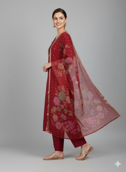 Hand-Embroidered Kurta Set with Floral Organza Dupatta