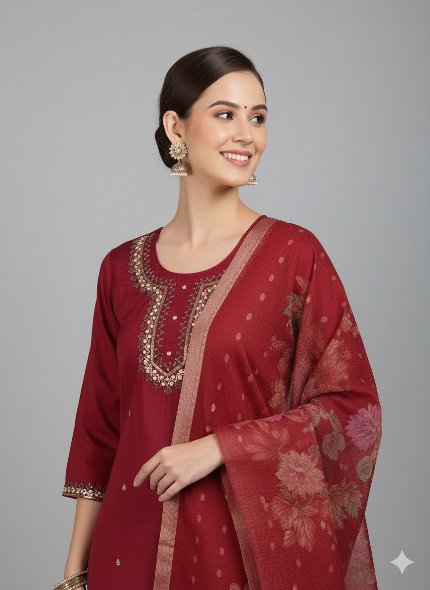 Hand-Embroidered Kurta Set with Floral Organza Dupatta