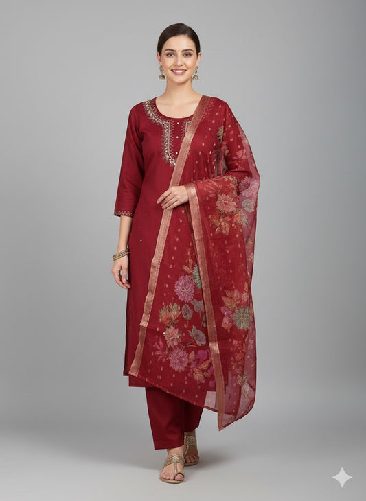 Hand-Embroidered Kurta Set with Floral Organza Dupatta
