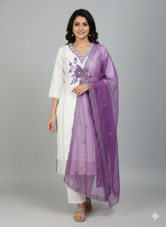 Sylub on Roman Silk Kurta Set with Thread Work & Organza Dupatta