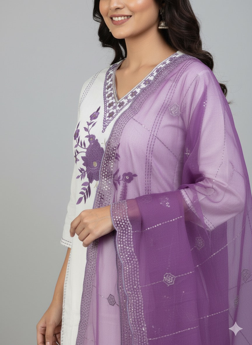Sylub on Roman Silk Kurta Set with Thread Work & Organza Dupatta
