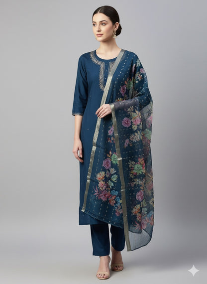 Hand-Embroidered Kurta Set with Floral Organza Dupatta