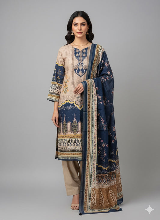 Elegant Beige & Navy Printed Straight-Cut Suit Set (With Inner Lining)