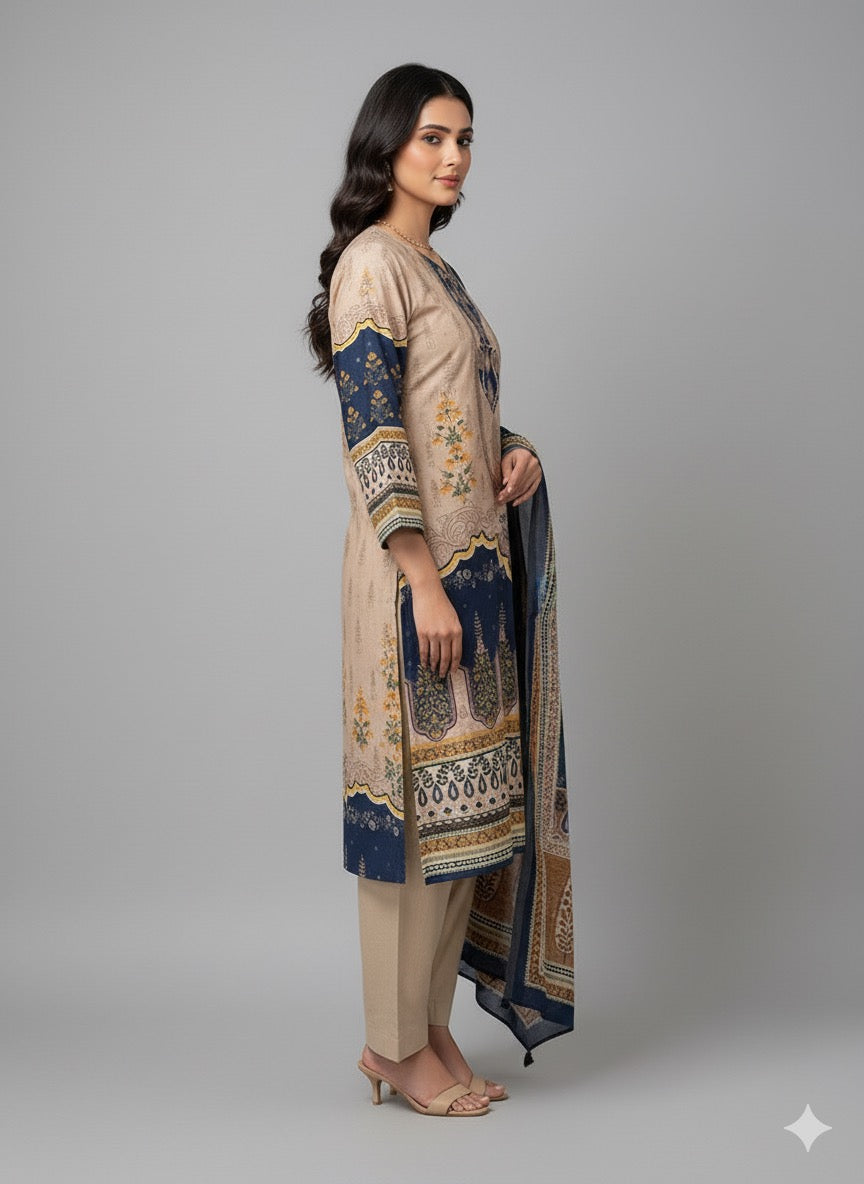 Elegant Beige & Navy Printed Straight-Cut Suit Set (With Inner Lining)