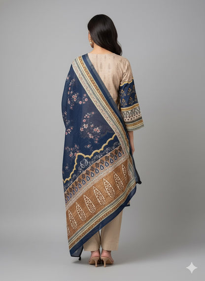 Elegant Beige & Navy Printed Straight-Cut Suit Set (With Inner Lining)