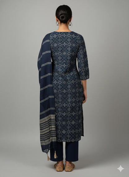 Navy Printed Rayon Straight-Cut Suit Set with Dupatta