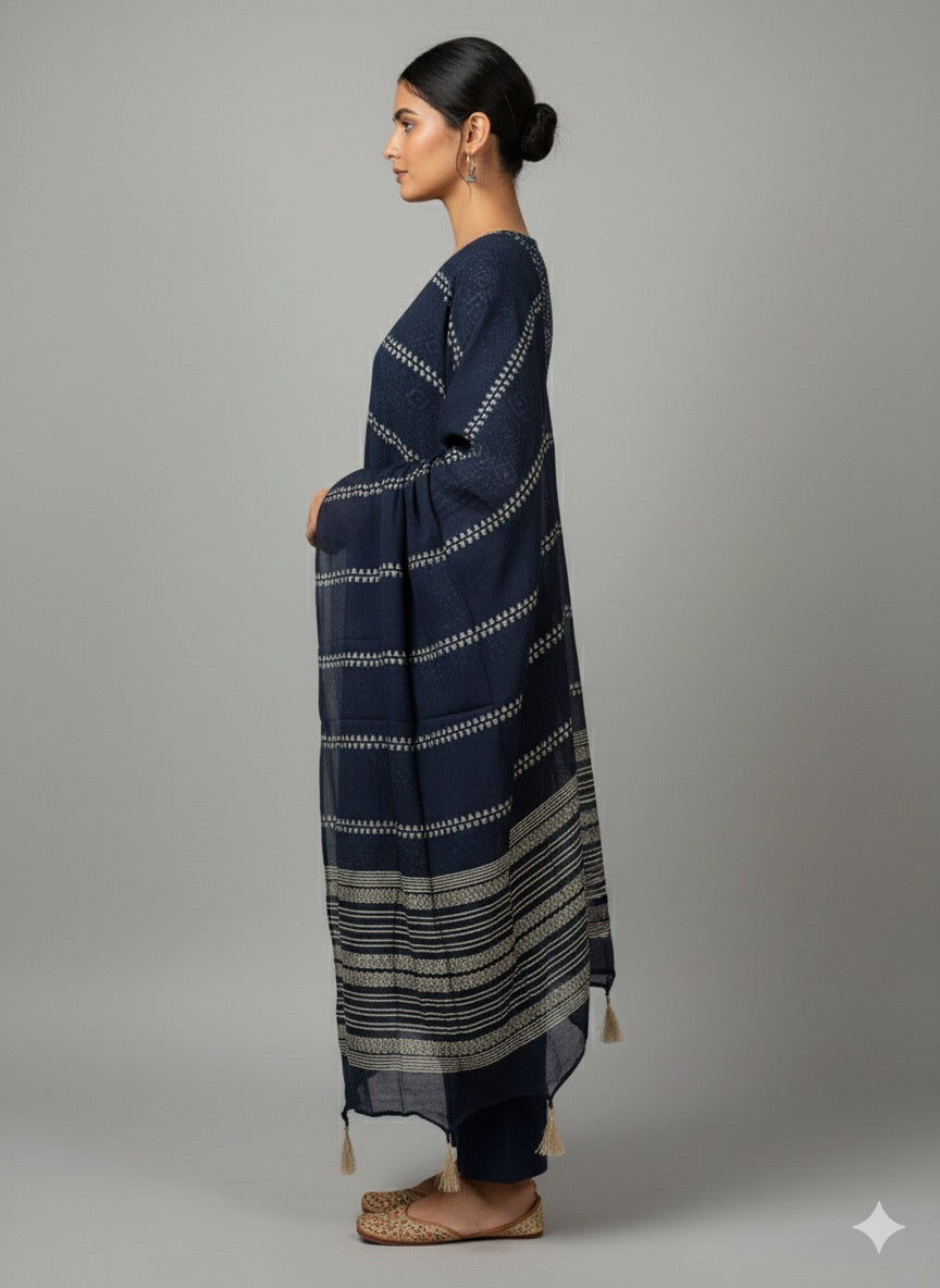 Navy Printed Rayon Straight-Cut Suit Set with Dupatta