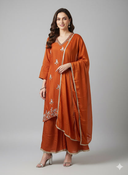 Rust Chinan A-Line Embroidered Suit Set with Dupatta