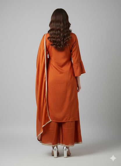 Rust Chinan A-Line Embroidered Suit Set with Dupatta