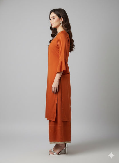 Rust Chinan A-Line Embroidered Suit Set with Dupatta